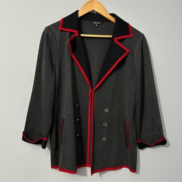 Misook Knit Blazer Jacket Gray Red Trim Open Front Career Chic Size Medium - Picture 2 of 11